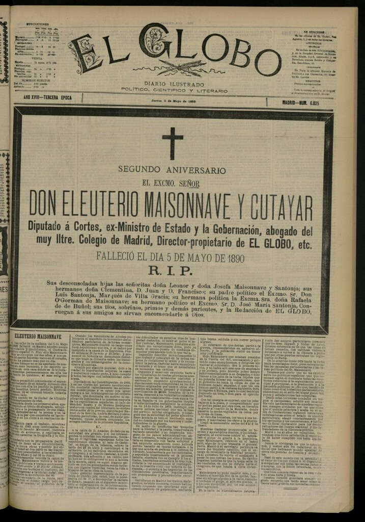 Miniatura de El Globo : diario ilustrado del 5 de mayo de 1892, nº 6025