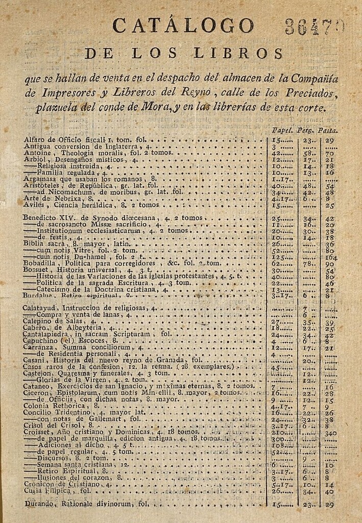 Miniatura de Catálogo de los libros que se hallan de venta en el despacho del almacén de la Compañía de Impresores y Libreros del Reyno, calle de los Preciados, plazuela del conde de Mora, y en las librerías de esta corte