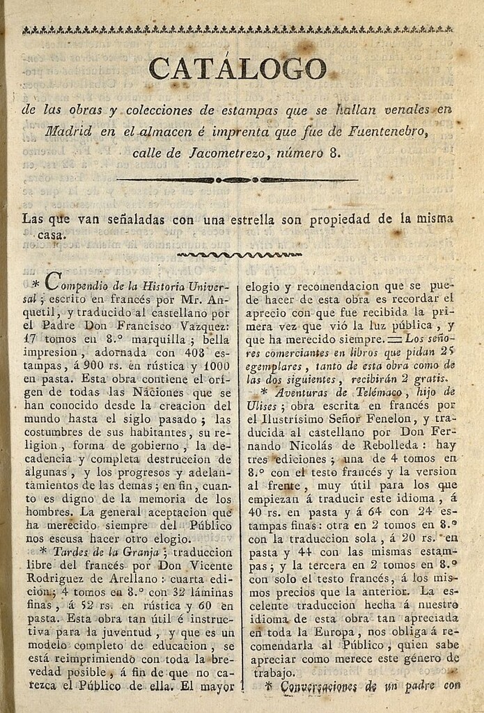 Miniatura de Catálogo de las obras y colecciones de estampas que se hallan venales en Madrid en el almacén é imprenta que fue de Fuentenebro, calle de Jacometrezo, número 8