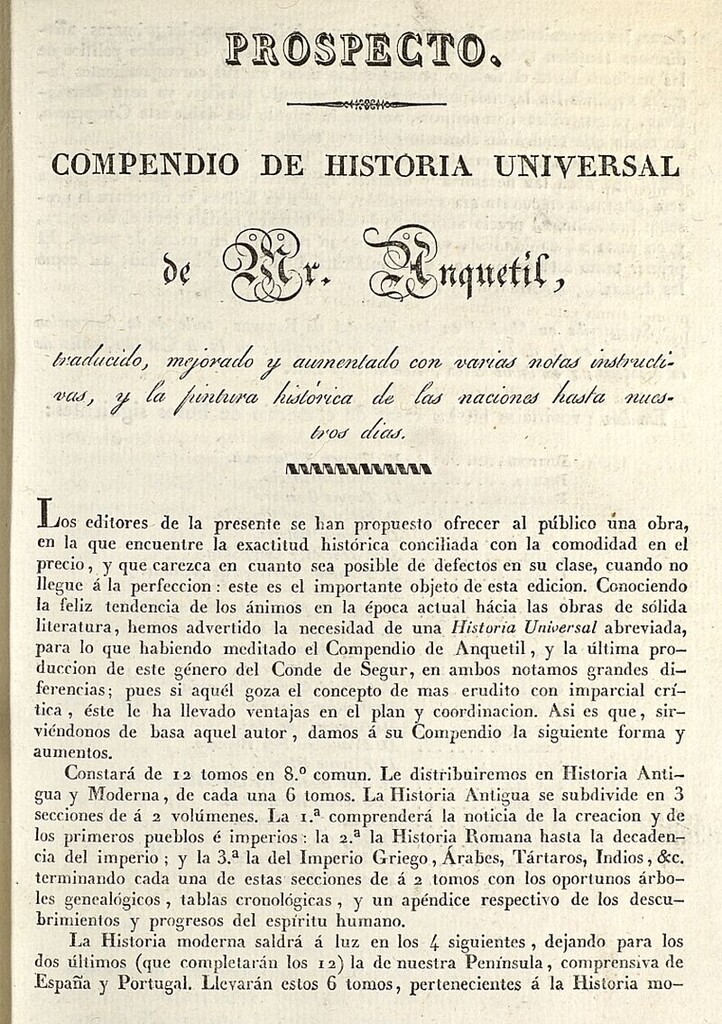 Miniatura de Prospecto, compendio de historia universal de Mr. Anquetil, traducido, mejorado y aumentado con varias notas instructivas, y la pintura histórica de las naciones hasta nuestros días