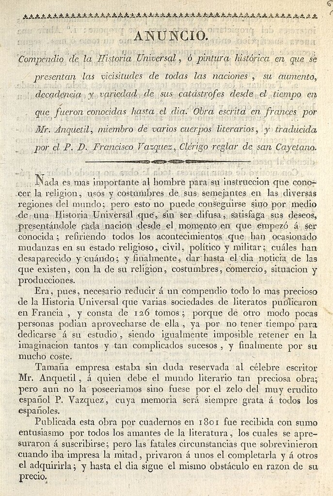 Miniatura de Anuncio, compendio de la historia universal, o pintura histórica en que se presentan las vicisitudes de todas las naciones…