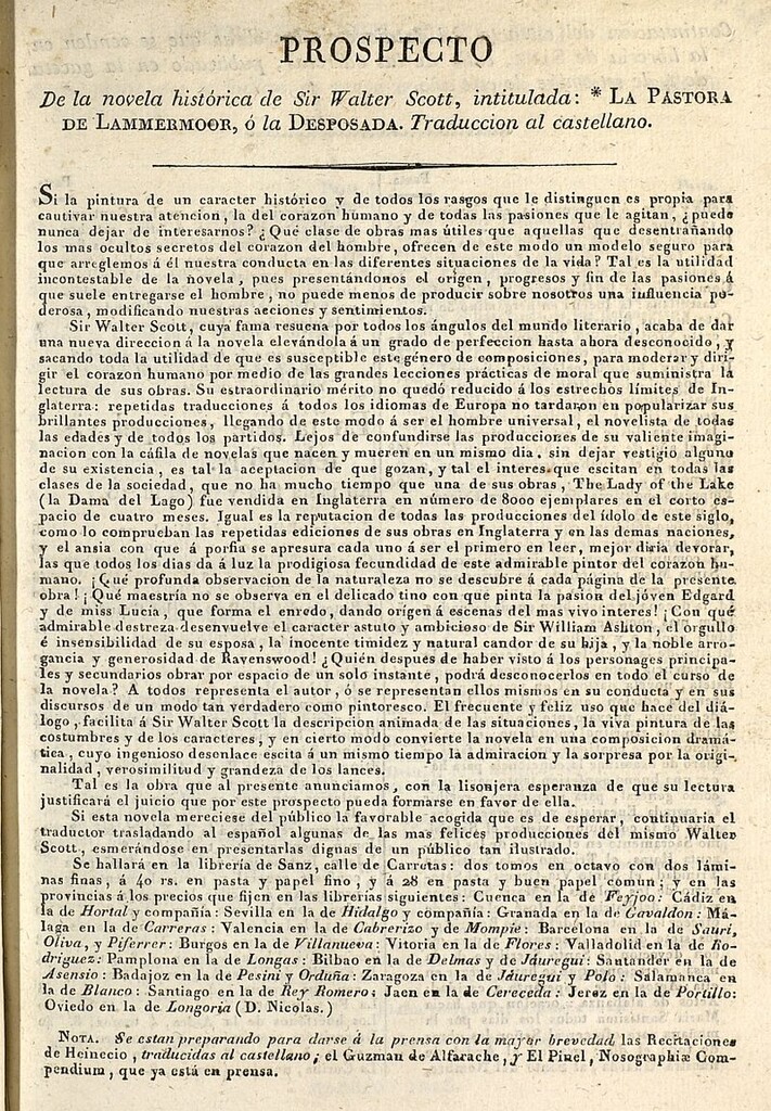Miniatura de Prospecto de la novela histórica de Sir Walter Scott, intitulada, La Pastora de Lammermoor, ó la Desposada