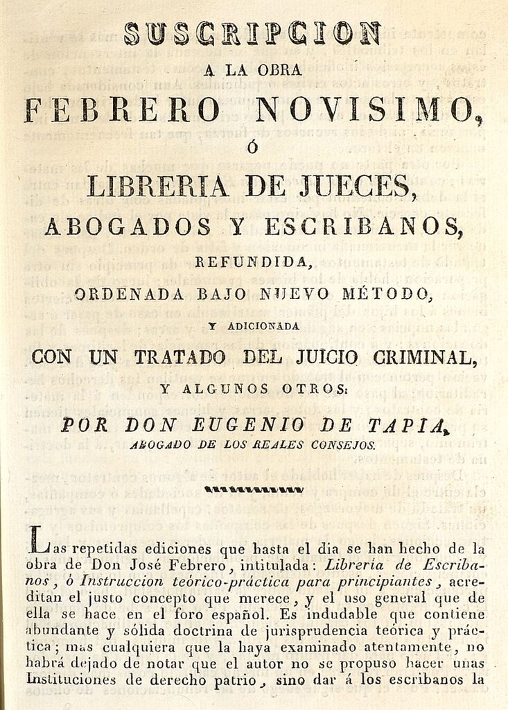 Miniatura de Suscripción a la obra Febrero Novísimo, ó librería de jueces, abogados y escribanos, refundida, ordenada bajo nuevo método y adicionada con un tratado del juicio criminal y algunos otros