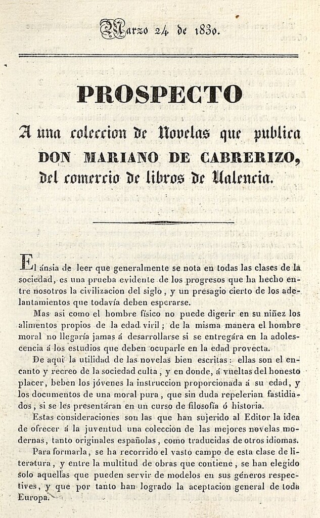 Miniatura de Prospecto a una colección de novelas que publica Don Mariano de Cabrerizo del comercio de libros de Valencia