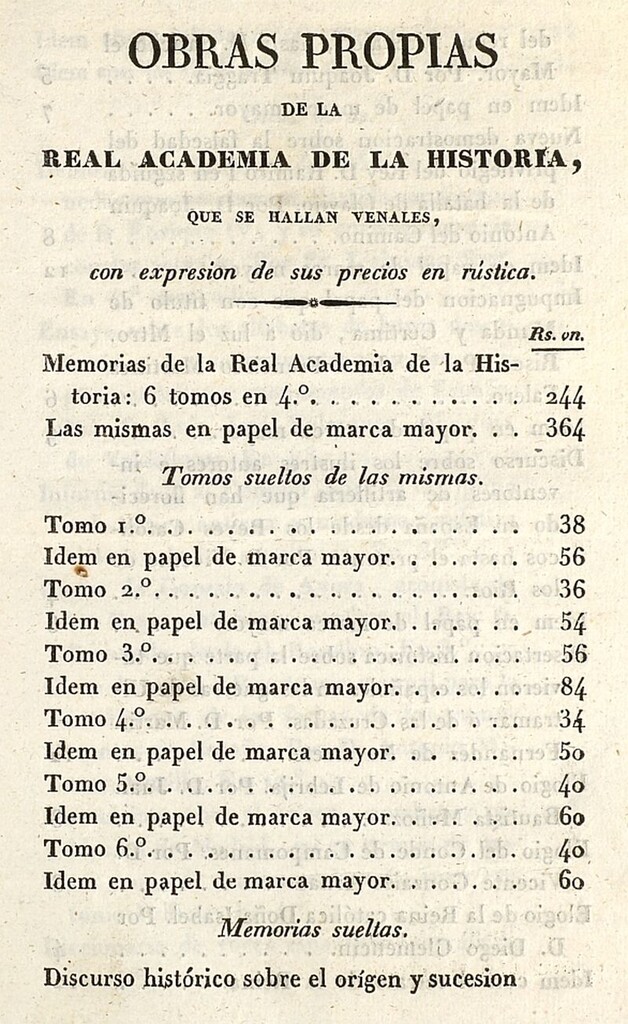 Miniatura de Obras propias de la Real Academia de la Historia, que se hallan venales, con expresión de sus precios en rústica