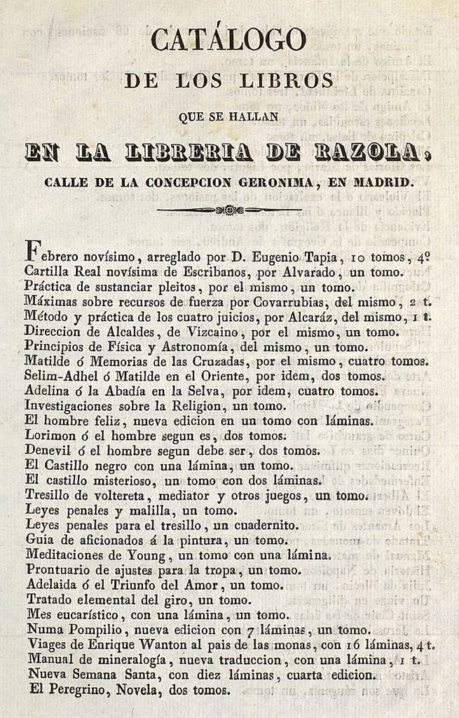 Miniatura de Catálogo de los libros que se hallan en la librería de Razola, calle de la Concepción Gerónima, en Madrid