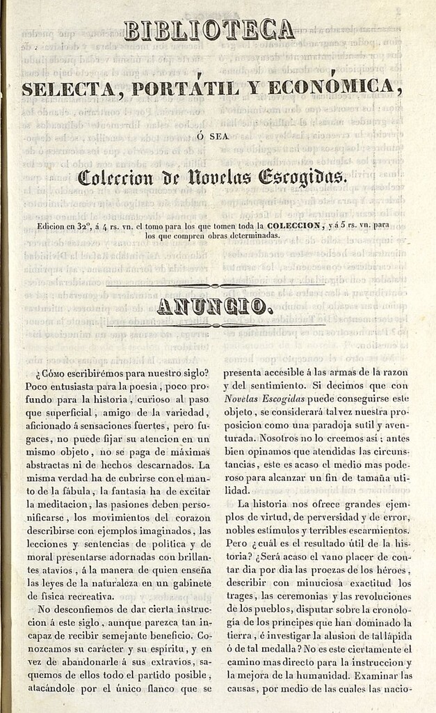 Miniatura de Biblioteca selecta, portátil y económica, o sea colección de novelas escogidas, anuncio