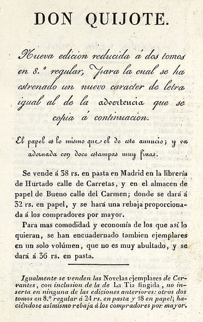 Miniatura de Anuncio de una nueva edición de Don Quijote, reducida a dos tomos en 8º regular, para lo cual se ha estrenado un nuevo carácter de letra…
