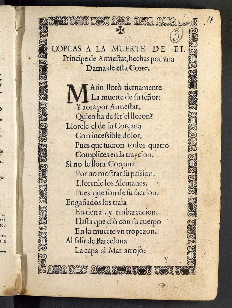 Miniatura de Coplas a la muerte de el Principe de Armestat hechas por una Dama de esta Corte