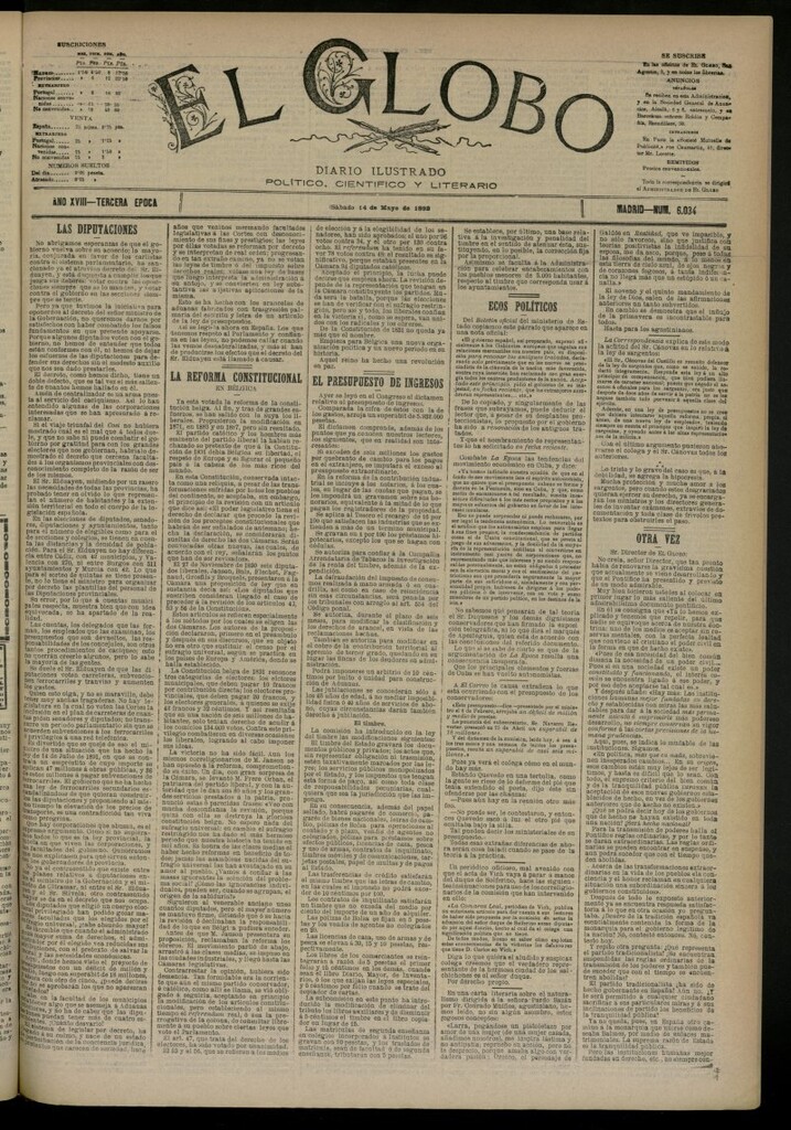 Miniatura de El Globo : diario ilustrado del 14 de mayo de 1892, nº 6034