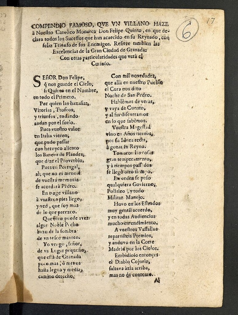 Miniatura de Compendio famoso que un villano haze a nuestro Catolico Monarca Don Felipe V, en que declara todos los sucessos que han acaecido en su Reynado