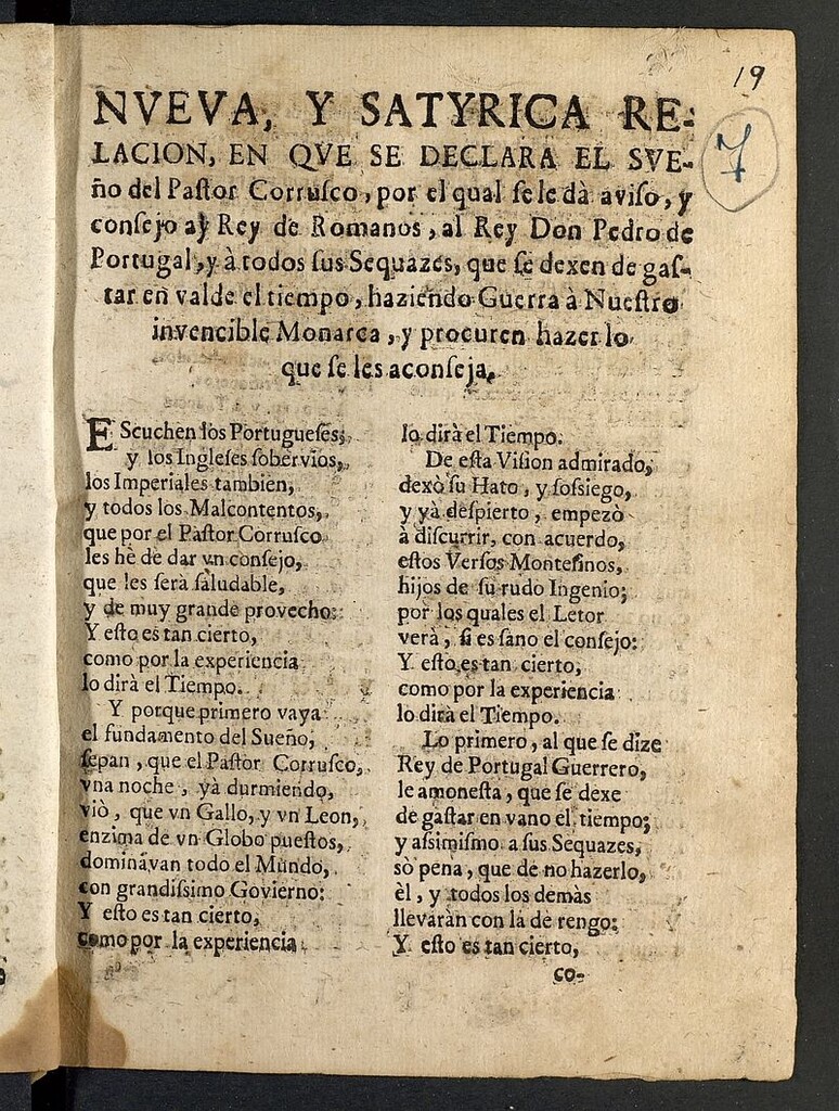 Miniatura de Nueva y satyrica relación en que se declara el sueño del pastor Corrusco por el qual se le dá aviso y consejo al rey de romanos, al rey don Pedro de Portugal y á todos sus secuazes, que se dexen de gastar en valde el tiempo, haziendo guerra a nuestro invencible monarca