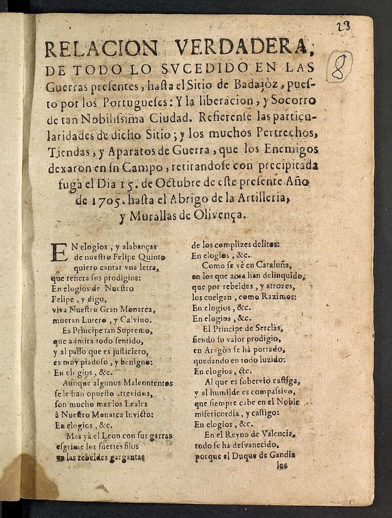 Miniatura de Relación verdadera de todo lo sucedido en las guerras presentes hasta el Sitio de Badajoz puesto por los portugueses... el dia 15 de octubre de este presente año de 1705