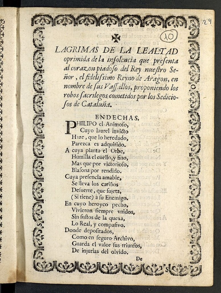 Miniatura de Lágrimas de la lealtad oprimida de la insolencia que presenta al corazon piadoso del rey nuestro señor, el fidelissimo Reyno de Aragon