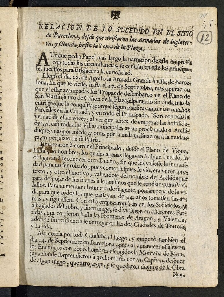 Miniatura de Relacion de lo sucedido en el sitio de Barcelona desde que avistaron Las Armadas de Inglaterra y Olanda hasta la toma de la Plaza