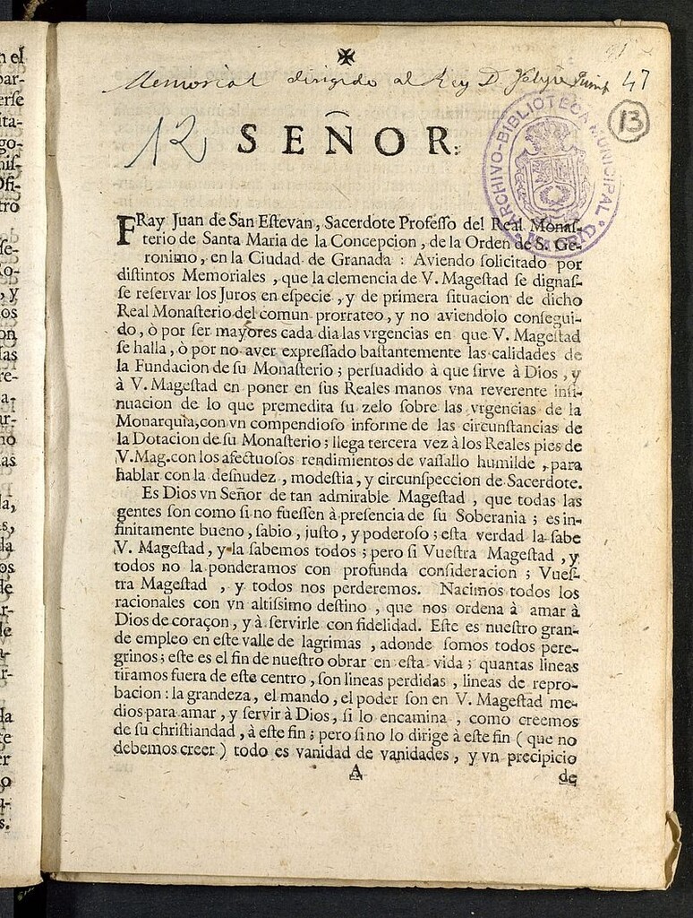 Miniatura de Señor, Fray Juan de San Estevan... aviendo solicitado por distintos memoriales, que la clemencia de V. Magestad se dignase reservar los juros en especie