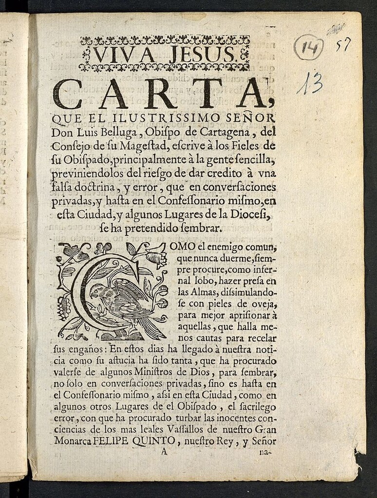 Miniatura de Carta que el... señor Don Luis Belluga obispo de Cartagena... escrive -a los fieles de su obispado... previniendolos del riesgo de dar credito -a una falsa doctrina