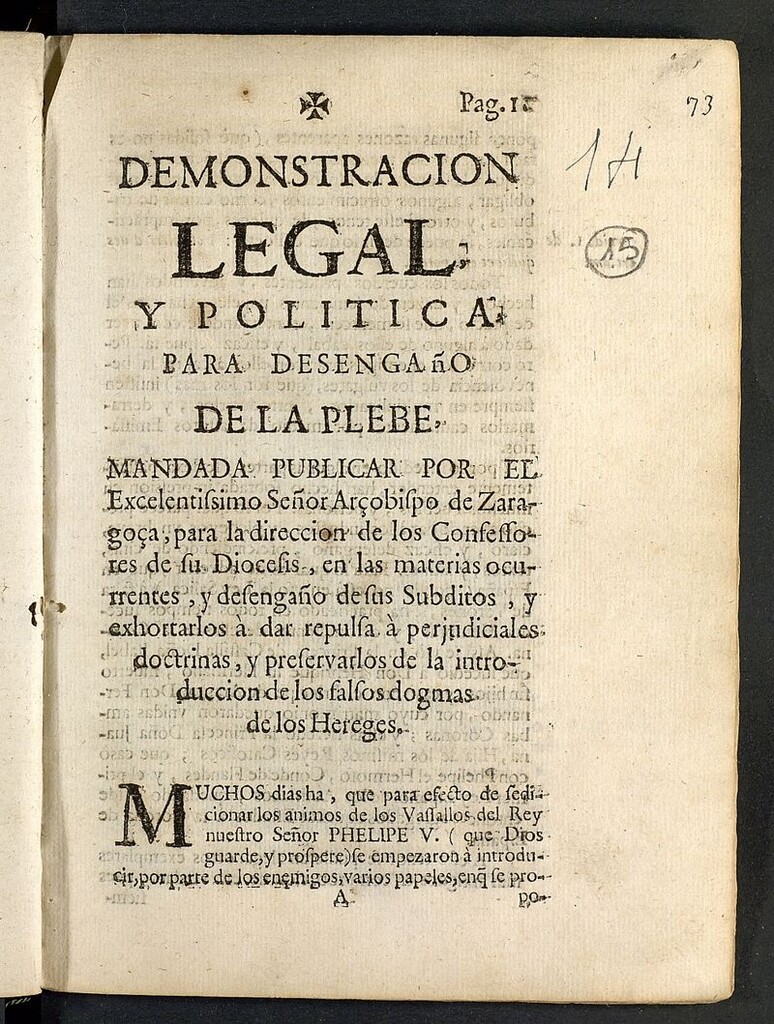 Miniatura de Demonstracion legal y politica para desengaño de la plebe mandada publicar por el... arçobispo de Zaragoça para la direccion de los confessores de su diocesis