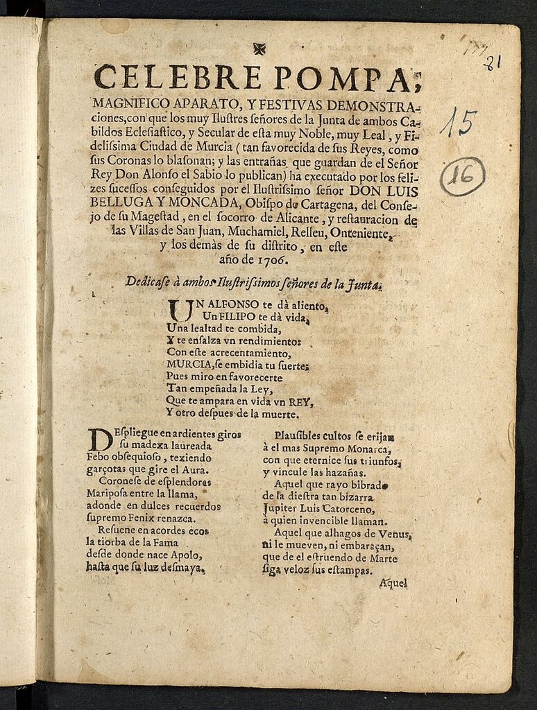 Miniatura de Celebre pompa, magnifico aparato y festivas demonstraciones con que los... señores de la junta de ambos cabildos... ha executado por las felices sucessos conseguidos por... Luis Belluga y Moncada... en el socorro de Alicante... en este año de 1706.