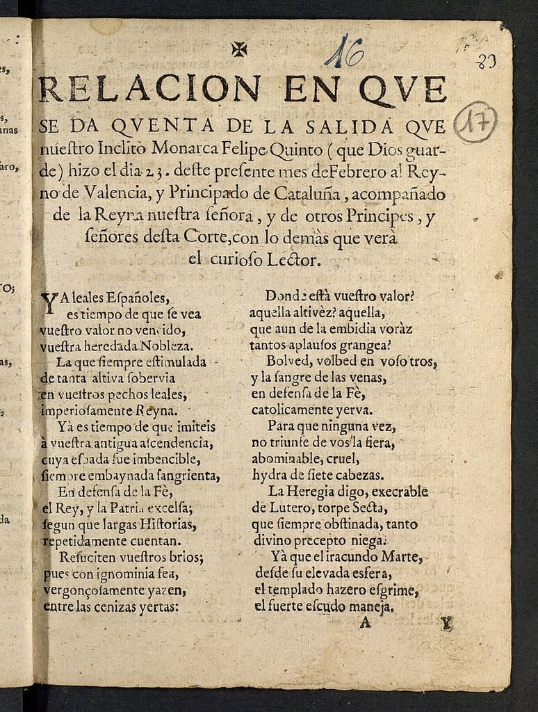 Miniatura de Relación en que se da cuenta de la salida que... Felipe Quinto... hizo el dia 23 deste presente mes de febrero al reyno de Valencia y principado de Cataluña