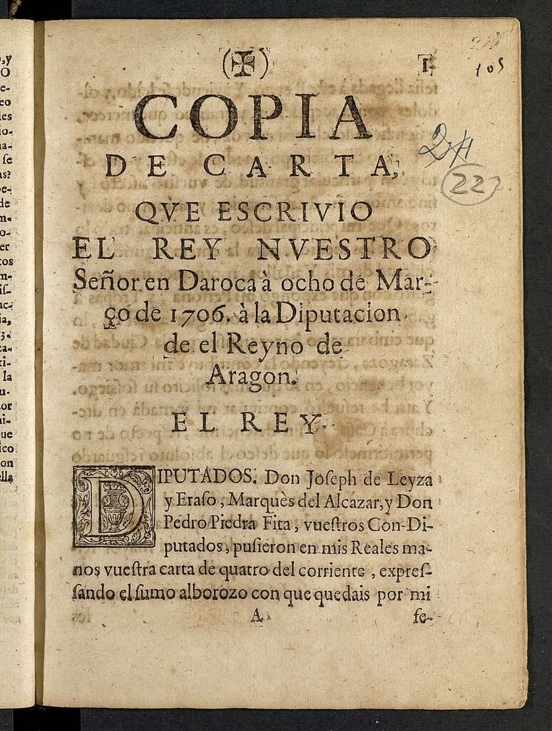 Miniatura de Copia de carta que escrivio el rey nuestro señor en Daroca a ocho de março de 1706 a la Diputacion de el Reyno de Aragon