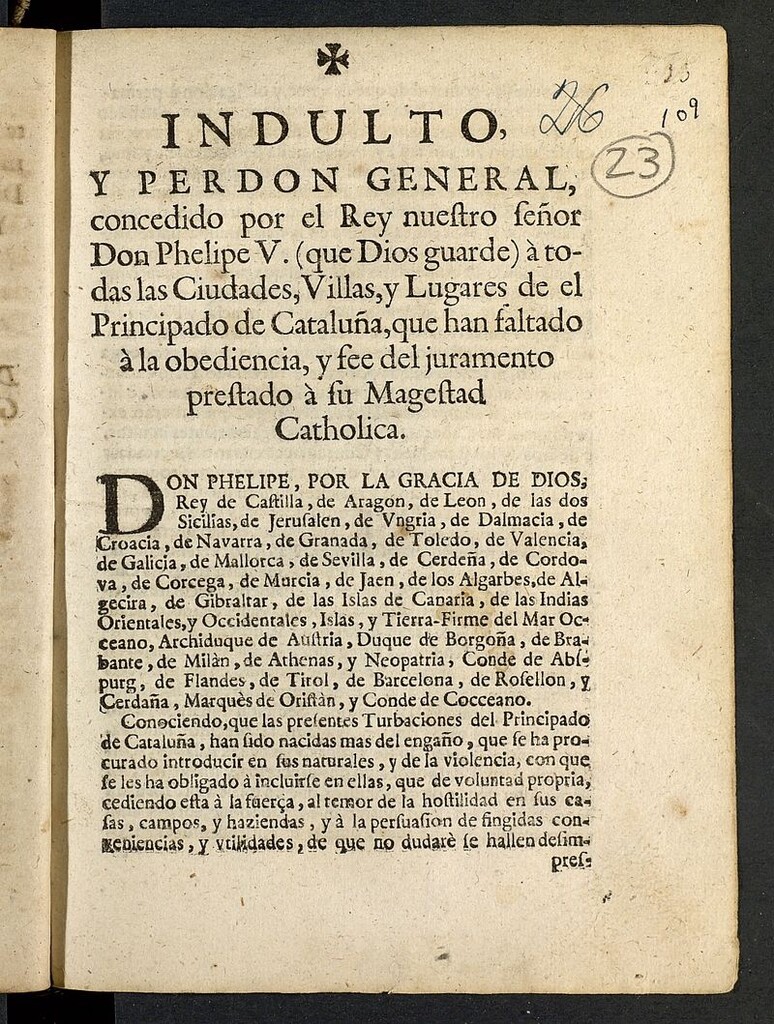 Miniatura de Indulto y perdon general concedido por... Phelipe V a todas las ciudades villas y lugares de el principado de Cataluña que han faltado a la obediencia y fee del juramento prestado a su magestad...