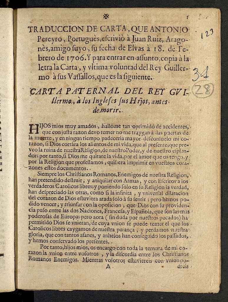 Miniatura de Traduccion de carta que Antonio Pereyro portugues escrivió a Juan Ruiz aragones... su fecha de Elvas a 18 de Febrero de 1706