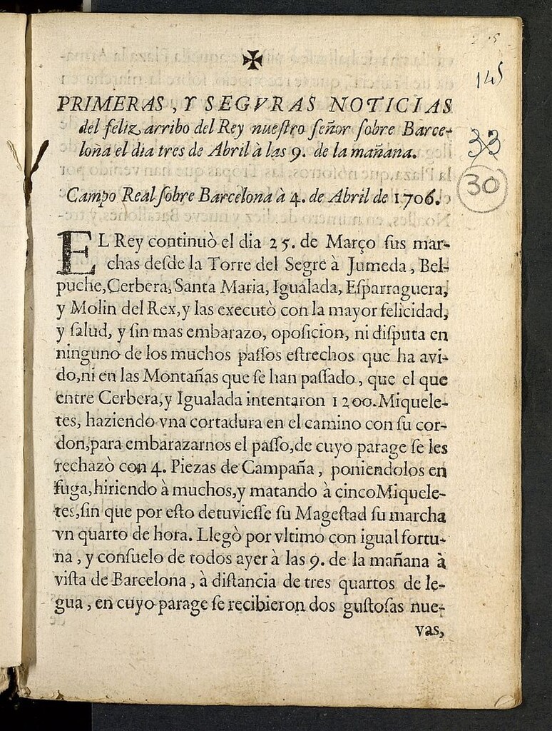 Miniatura de Primeras y seguras noticias del feliz arribo del rey... sobre Barcelona el dia tres de abril á las 9 de la mañana : Campo Real sobre Barcelona á 4 de abril de 1706