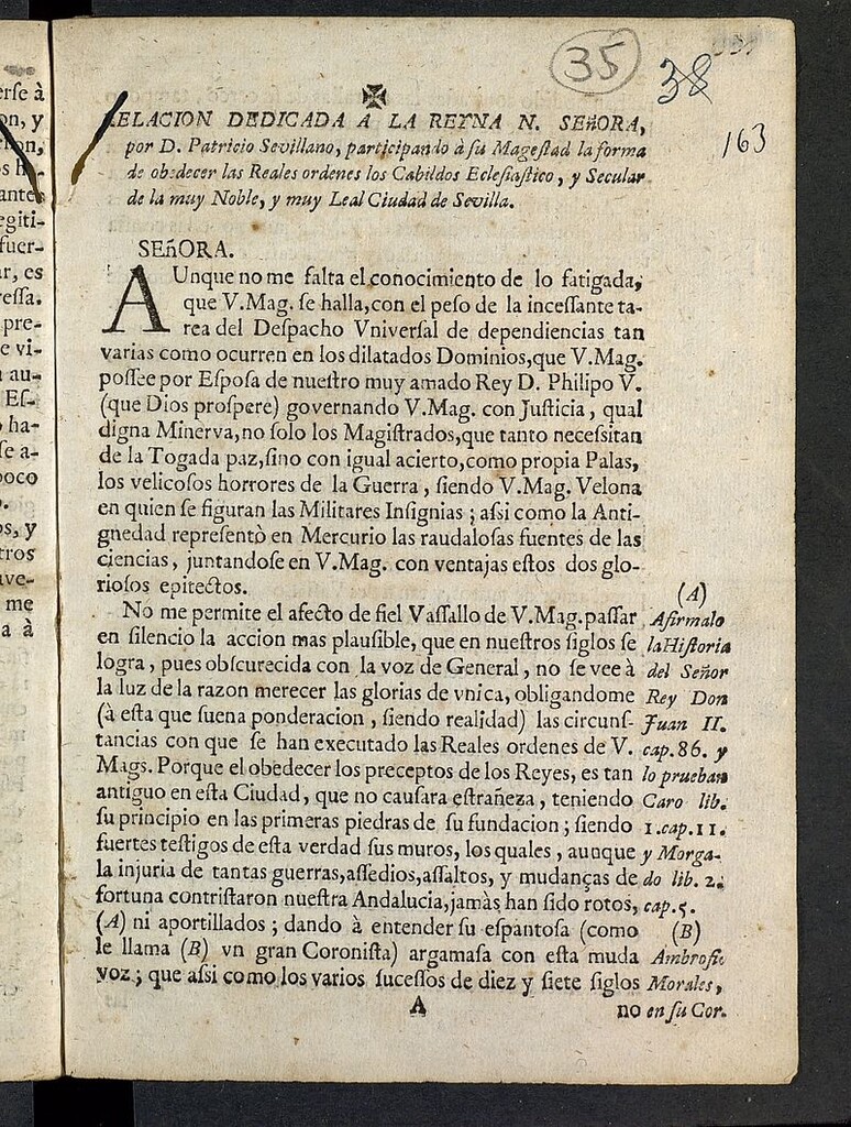 Miniatura de Relación dedicada a la reyna... por D. Patricio Sevillano participando... la forma de obedecer las reales ordenes los cabildos eclesiastico y secular de... Sevilla