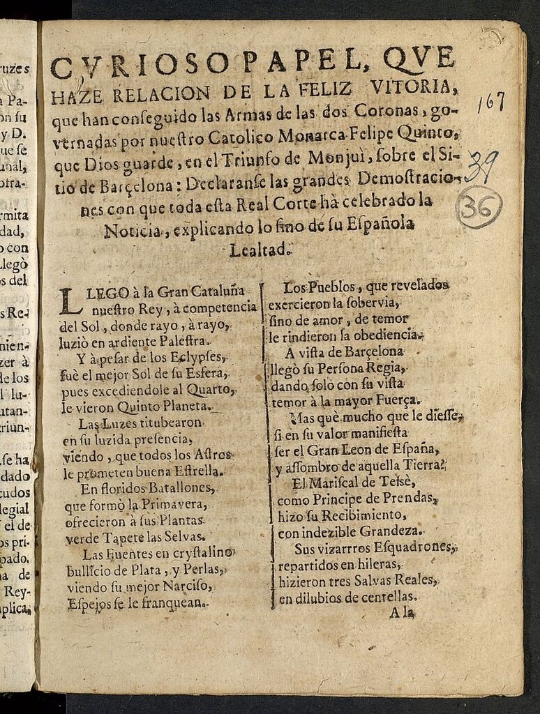 Miniatura de Curioso papel que hace relacion de la feliz victoria que han conseguido las armas de las dos coronas gobernadas por... Felipe Quinto... en el triunfo de Monjuí sobre el sitio de Barcelona