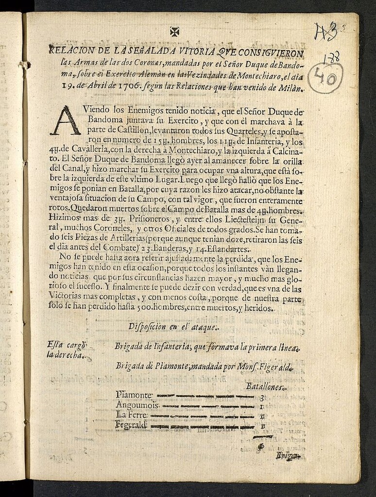 Miniatura de Relacion de la señalada victoria que consiguieron las armas de las dos coronas mandadas por el señor duque de Bandoma sobre el exercito alemán en las vezindades de Montechiaro el dia 19 de abril de 1706