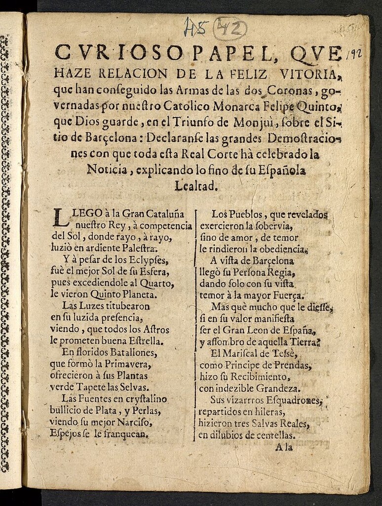 Miniatura de Curioso papel que hace relacion de la feliz victoria que han conseguido las armas de las dos coronas gobernadas por... Felipe Quinto... en el triunfo de Monjuì sobre el sitio de Barcelona