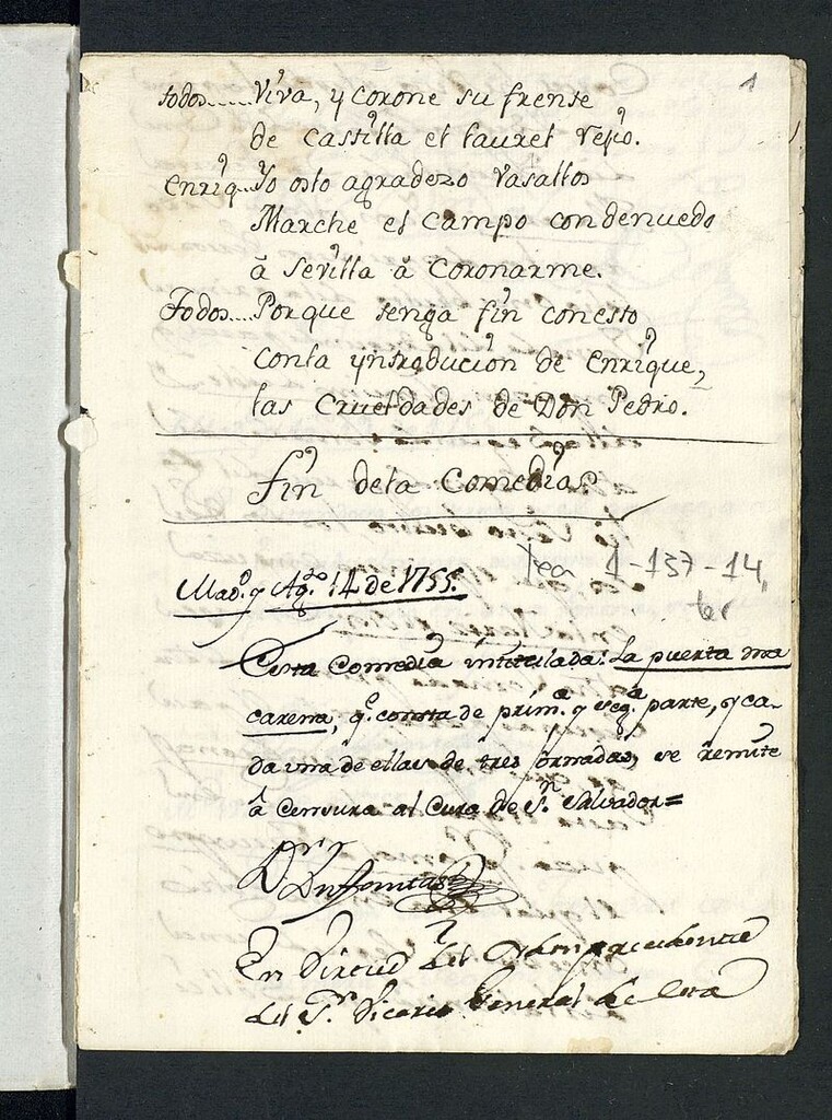 Miniatura de Diligencias para solicitar autorización de representación de las Comedias La Puerta Macarena Primera parte y La Puerta Macarena Segunda parte de Juan Perez de Montalbán