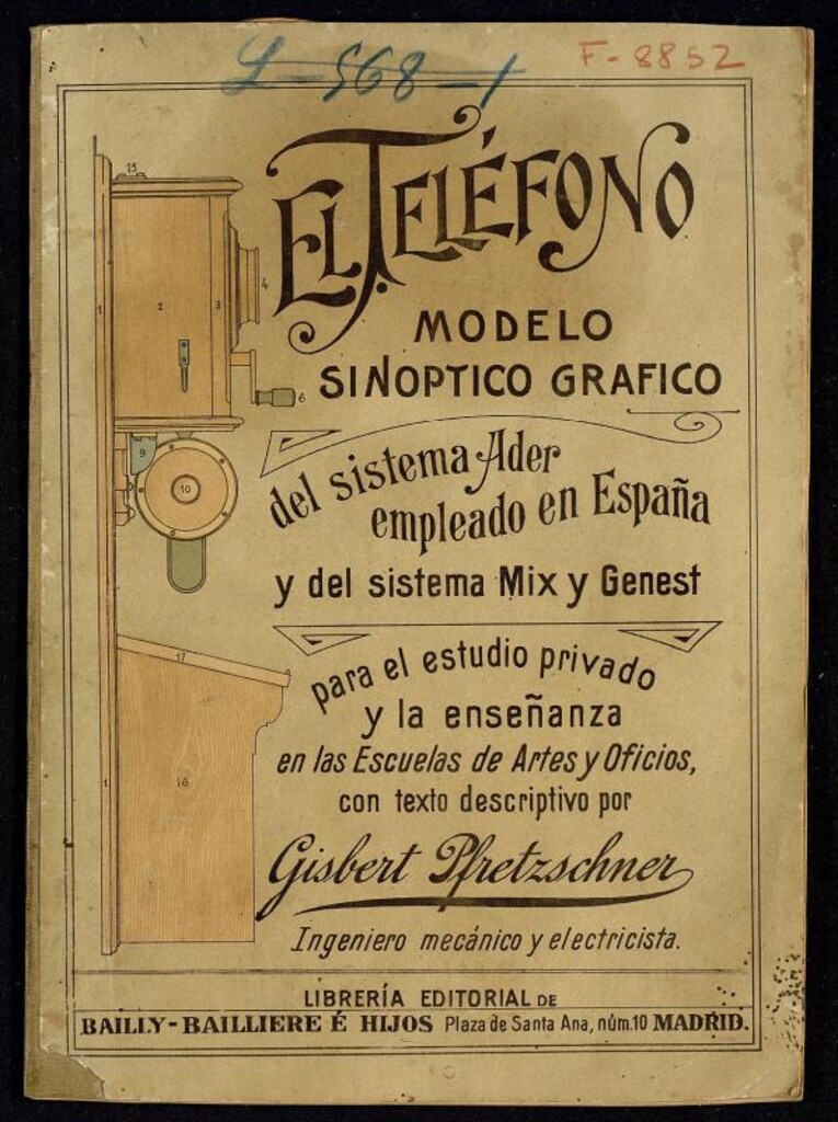 Miniatura de El teléfono, modelo sinóptico gráfico del sistema Ader empleado en España y del sistema Mix y Genest para el estudio privado de la enseñanza en las escuelas de artes y oficios, con texto descriptivo