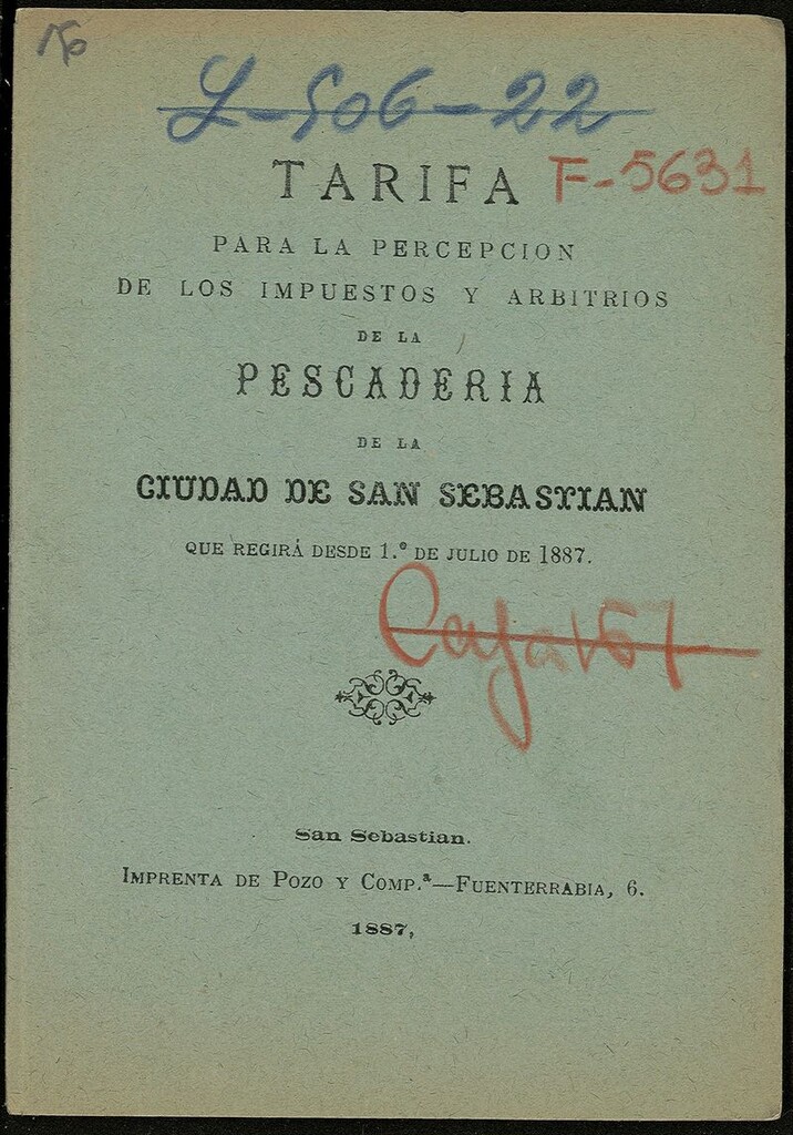 Miniatura de Tarifa para la percepción de los impuestos y arbitrios de la pescadería de la ciudad de San Sebastián que regirán [...]