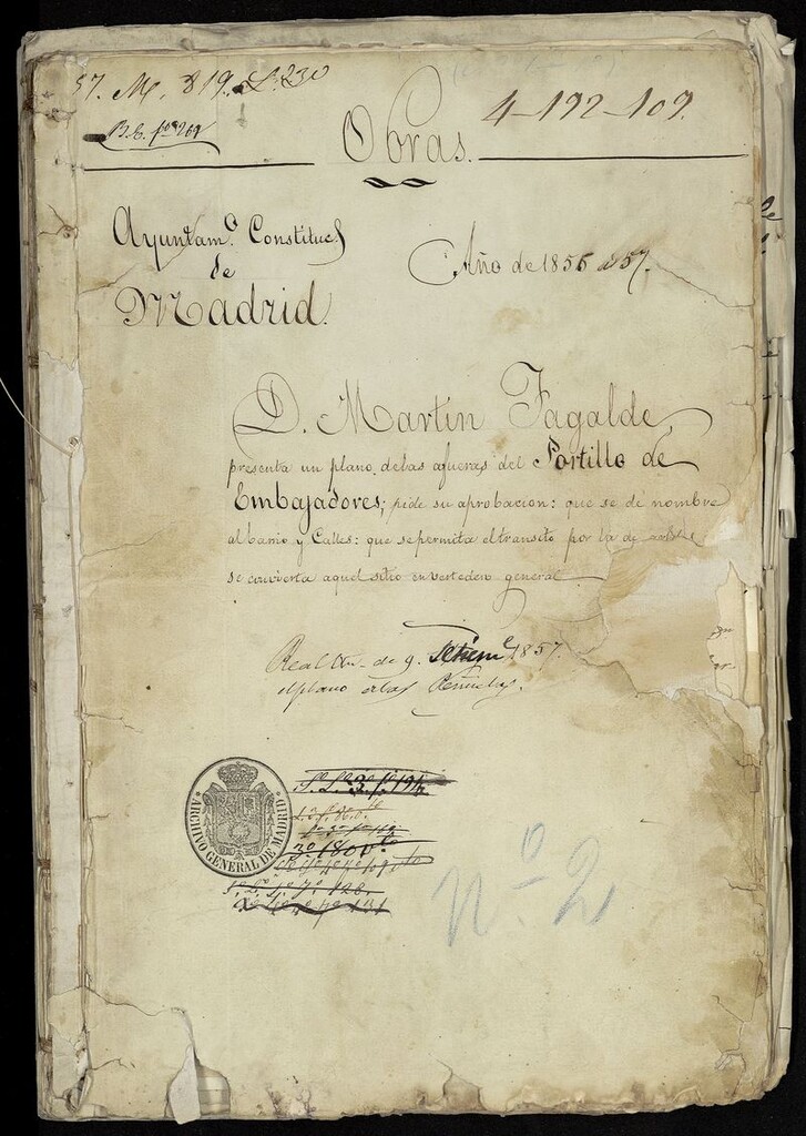 Miniatura de D. Martín Iagalde presenta un plano de las obras de las afueras del Portillo de Embajadores pide su aprobación: que se de nombre al barrio y Calles : que se permita el tránsito por la (..) se convierta aquel sitio en vertedero general (1857-1927)
