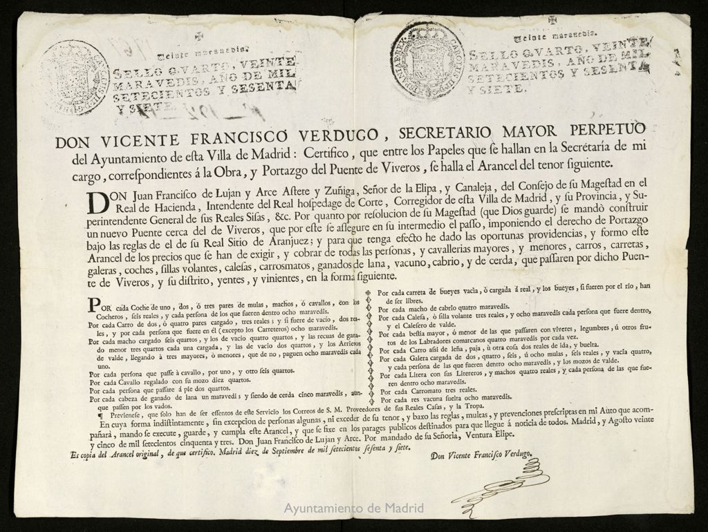 Miniatura de Certificado de D. Francisco Verdugo, secretario mayor perpetuo del Ayuntamiento de Madrid sobre los aranceles que se habrán de pagar en el Puente de Viveros.