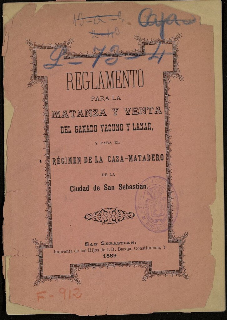 Miniatura de Reglamento para la matanza y venta del ganado vacuno y lanar, y para el régimen de la Casa-Matadero de la ciudad de San Sebastian