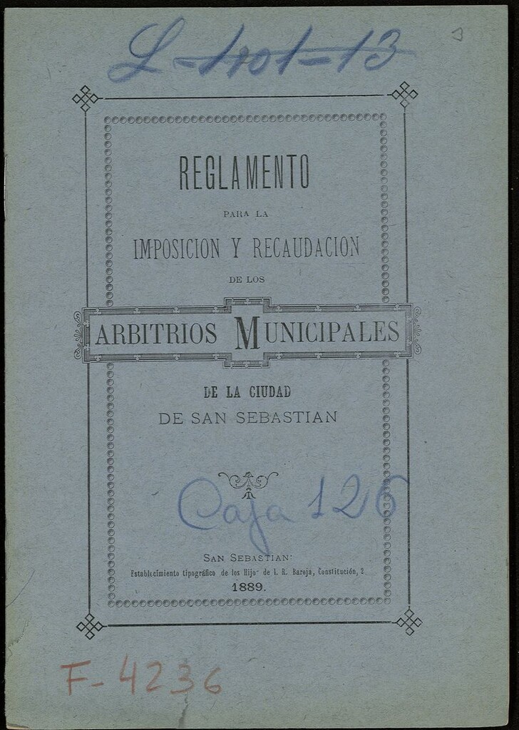 Miniatura de Reglamento para la imposición y recaudación de los arbitrios municipales de la ciudad de San Sebastian