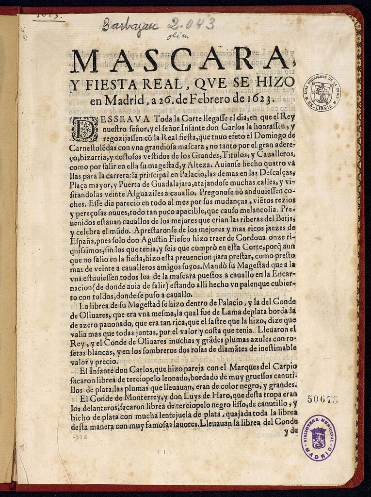 Miniatura de Mascara, y fiesta real, que se hizo en Madrid, a 26 de Febrero de 1623