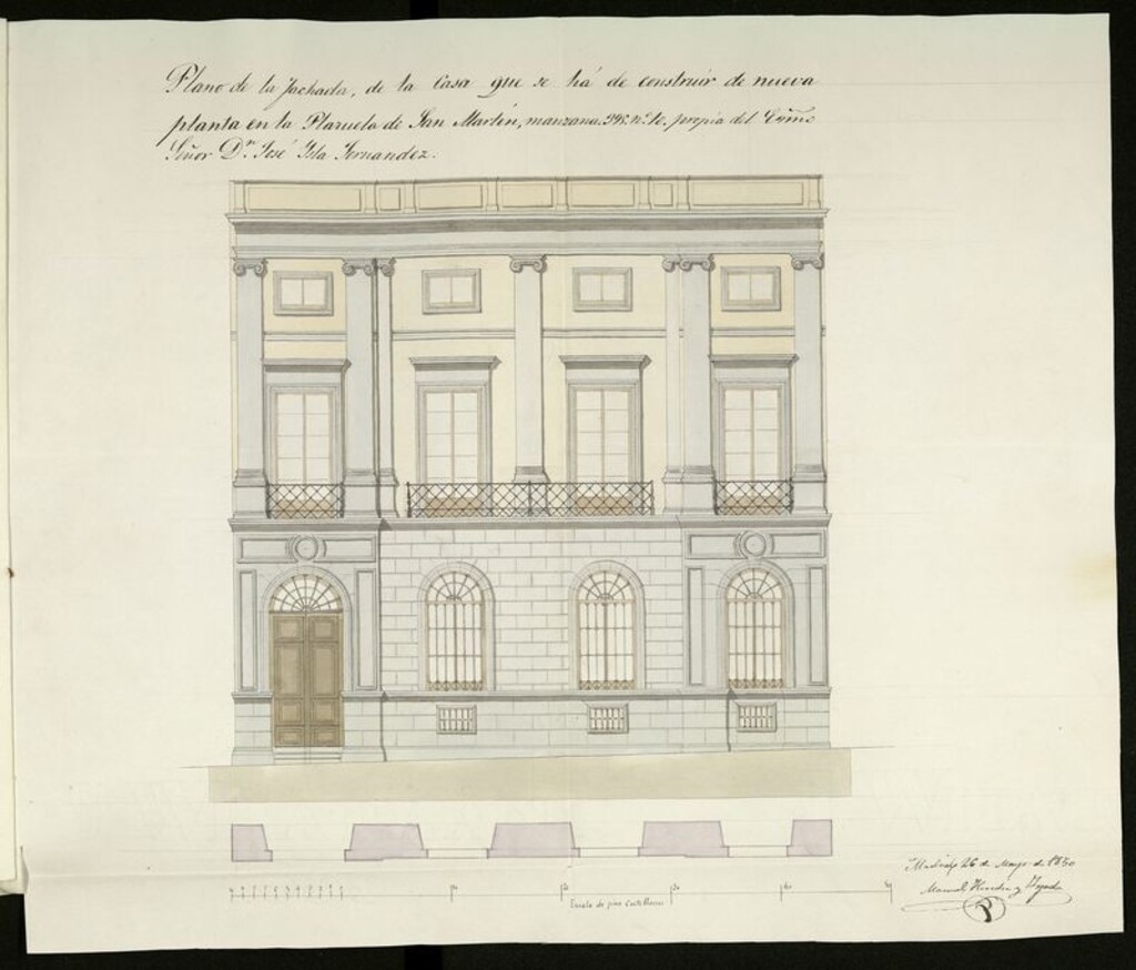 Miniatura de D. Ricardo Sancho en concepto de apoderado del Sr. D. José de Isla Fernández pidiendo la tira de cuerdas para la construcción de una casa en la Plazuela de San Martín, manzana 395, nº 10