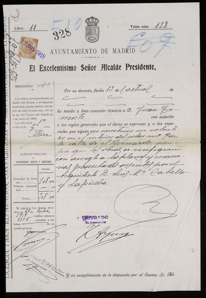 Miniatura de Licencia concedida a D. Juan Torrente para construir un cobertizo en el interior del solar nº 9 de la calle de San Bernardo.