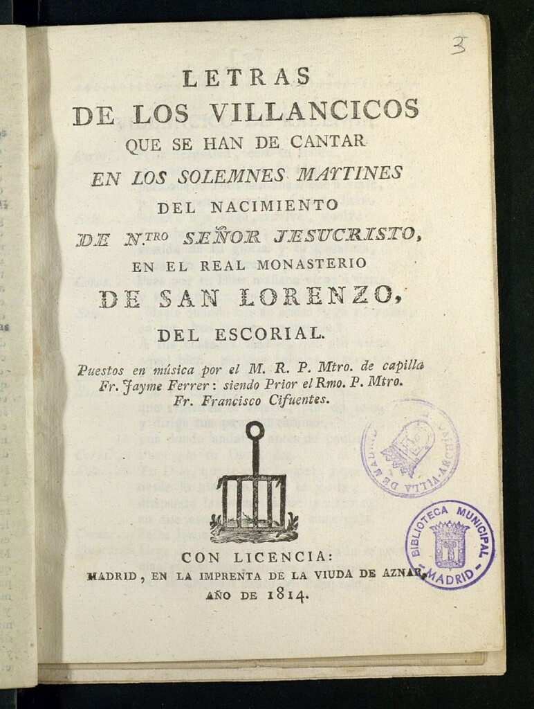 Miniatura de Letras de los villancicos que se han de cantar en los solemnes maytines del nacimiento de N[ues]tro Señor Jesucristo en el Real Monasterio de San Lorenzo del Escorial
