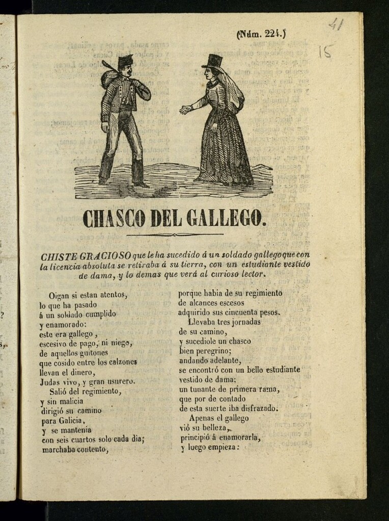 Miniatura de Chasco del gallego : chiste gracioso que le ha sucedido a un soldado gallego que con licencia absoluta se retiraba a su tierra,con un estudiante vestido de dama, y lo demas que vera el curioso lector