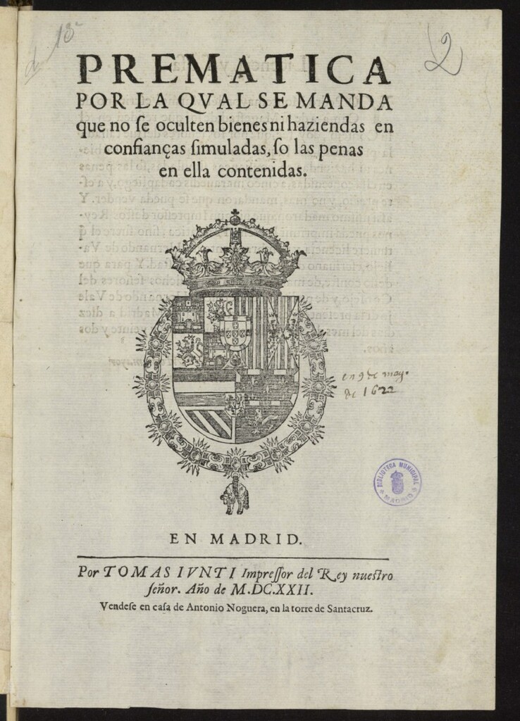 Miniatura de Prematica por la qual se manda que no se oculten bienes ni haziendas en confianças simuladas, so las penas en ella contenidas