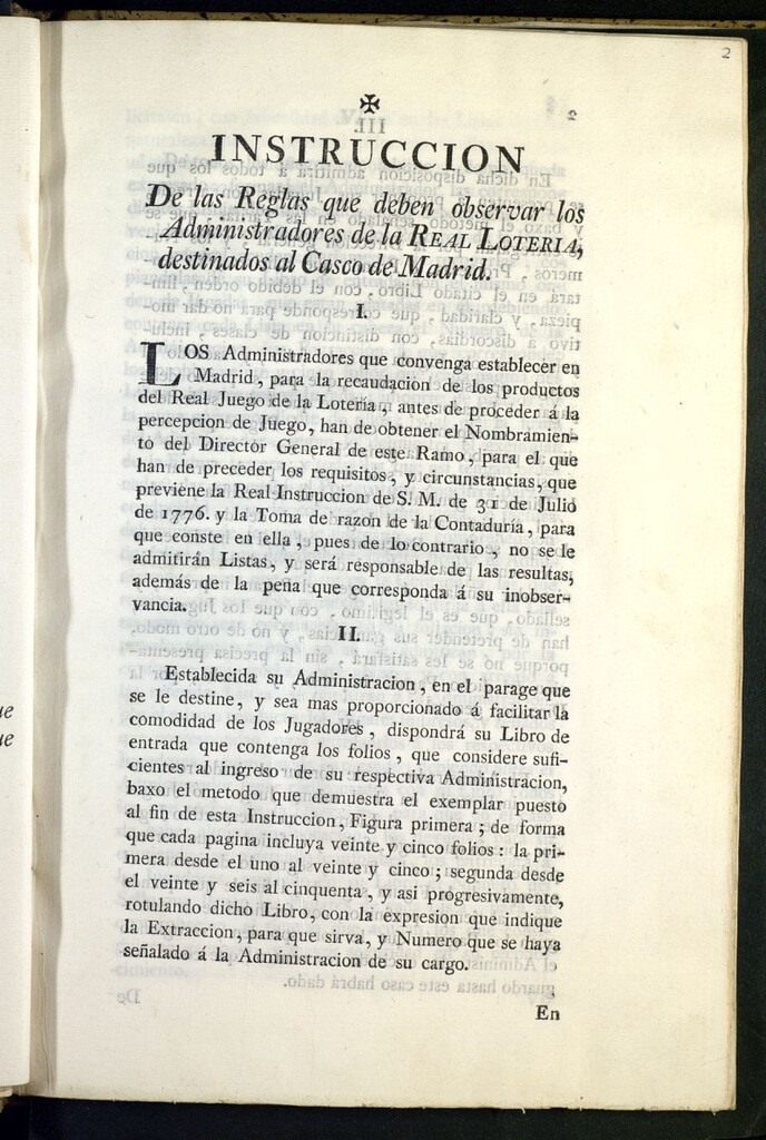 Miniatura de Instrucción de las reglas que deben observar los administradores de la Real Loteria destinados al casco de Madrid