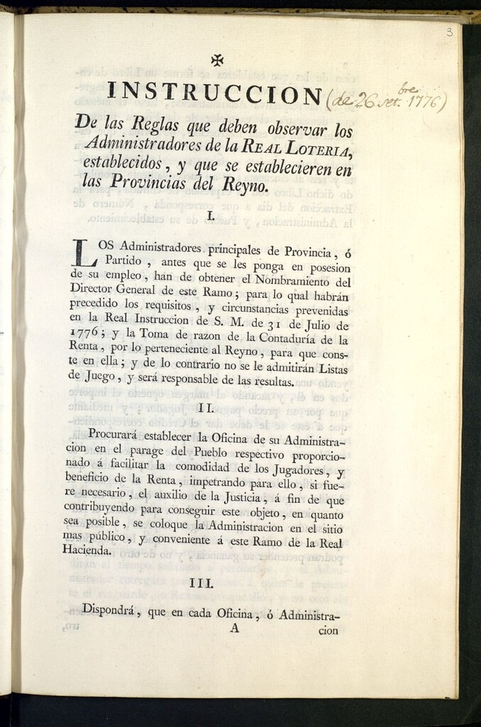 Miniatura de Instrucción de las reglas que deben observar los administradores de la Real Loteria establecidos, y que se establecieren en las provincias del Reyno