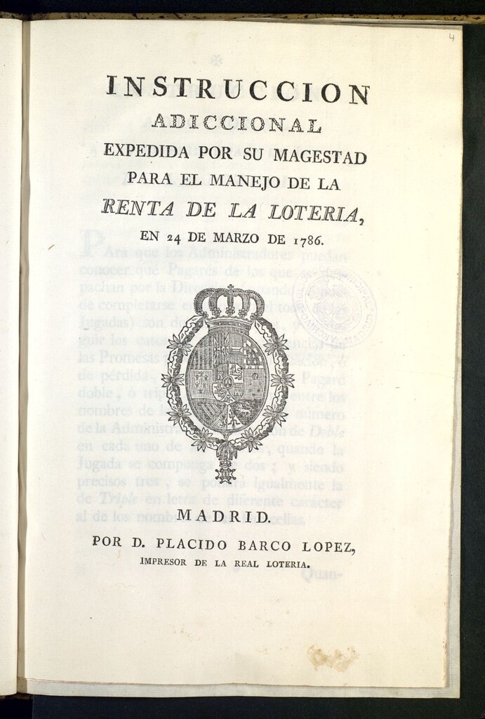 Miniatura de Instrucción adiccional expedida por Su Magestad para el manejo de la renta de la loteria en 24 de marzo de 1786