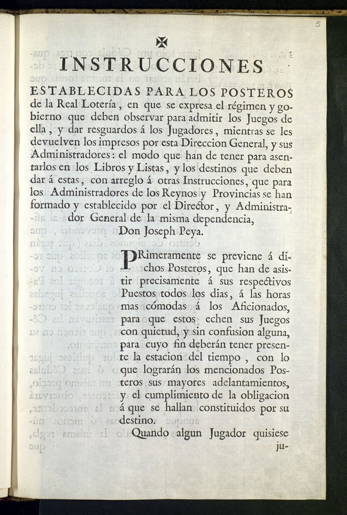 Miniatura de Instrucciones establecidas para los posteros de la Real Lotería,en que se expresa el régimen y gobierno que deben observar para admitir los juegos de ella...