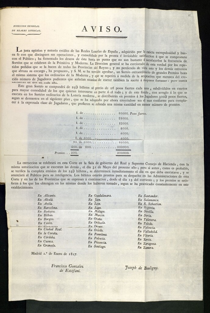 Miniatura de Aviso. La justa opinión y notorio crédito de las Reales Loterías de España... ha fomentado los deseos de éste [el público] hasta un punto que no son bastante á satisfacerlos la frecuencia de sortéos que se celebran de la Primitiva y Moderna.
